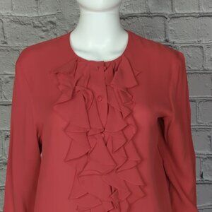 Diane Von Furstenberg Red Silk Ruffle Trim Blouse, Women's Small